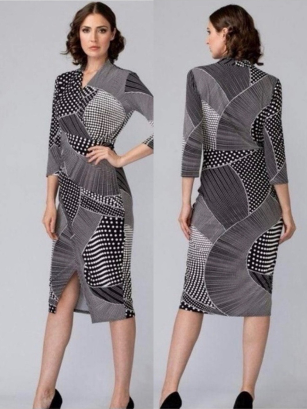 NWOT Joseph Ribkoff Jersey Knit Faux Wrap Midi Sheath Dress Size 12 Cocktail